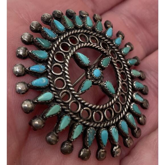 Vintage Zuni Petit Point Silver & Turquoise Brooch Pin Native American Old Pawn - Picture 9 of 11